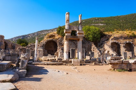 The Square and The Temple of Domitian at the Ephesus ancient Greek city. Ephesus or Efes is located near Selcuk modern city in Izmir Province in Turkey.の写真素材