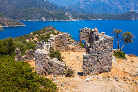 Greek church byzantine ruins at Gemiler or St. Nicholas Island near Oludeniz town in district of Fethiye in Turkeyの写真素材