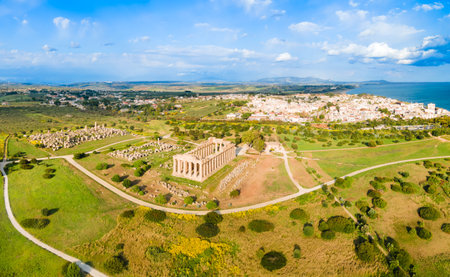 The Temple of Hera aerial panoramic view at Selinunte acropolis. Selinunte was an ancient greek city, now located near Marinella di Selinunte town, Sicily.の写真素材