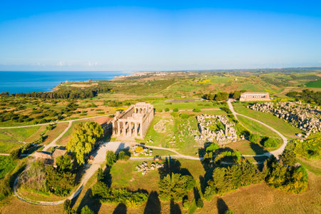 Selinunte ancient greek city or acropolis ruins aerial panoramic view. Now it is located near the Marinella di Selinunte town in Sicily.の写真素材