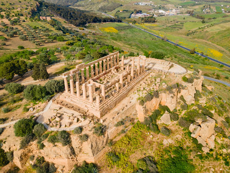 Temple of Hera aerial panoramic view at the Valley of the Temples. It is an ancient greek temple at Valley of the Temples or Valle dei Templi in Agrigento, Sicily.の写真素材