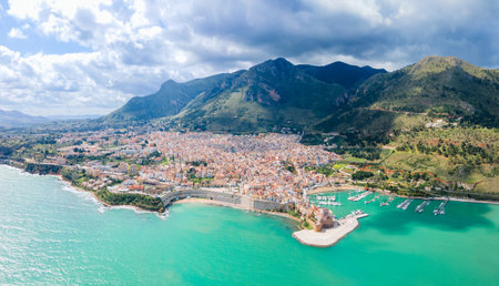 Castellammare del Golfo aerial panoramic view. Castellammare del Golfo is a town in the Trapani Province of Sicily.の写真素材