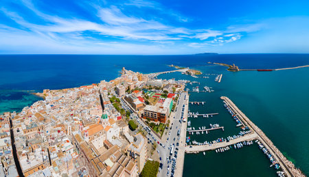 Aerial panoramic view of Trapani, a city on the west coast of Sicily island in Italy.の写真素材
