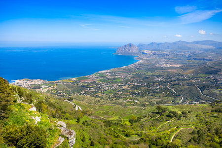 Monte Cofano mountain and natural reserve park aerial panoramic view. It is located near the Trapani city in Sicily, Italyの写真素材