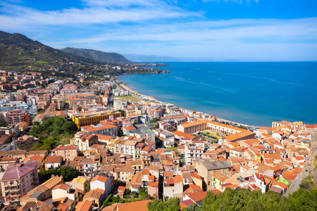 Cefalu city centre aerial panoramic view. Cefalu is a city near Palermo in Sicily, Italy.の写真素材