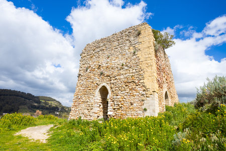 Eufemio Castle or Castello Eufemio aerial panoramic view, it is a medieval castle in Calatafimi Segesta. Calatafimi Segesta is a town in the Trapani Province of Sicily.の写真素材