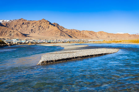 Bartang river, Murghab town and Pamir mountains in Tajikistan. Murghab or Murghob or Murgab is located on the Pamir Highway.の写真素材