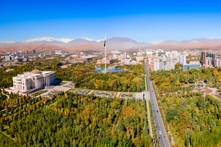 The Palace of the Nation aerial panoramic view in Dushanbe. Dushanbe is the capital city of Tajikistan.の写真素材