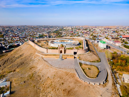 Mug Tepe Fort or Kalai Mug Teppe Fortress aerial panoramic view in Istaravshan. Istaravshan is a city in Sughd Province in Tajikistan.の写真素材