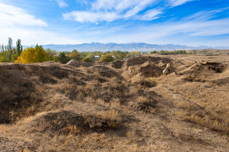 Ancient Penjikent city ruins. Penjikent or Panjakent is a city in the Sughd province of Tajikistan.の写真素材