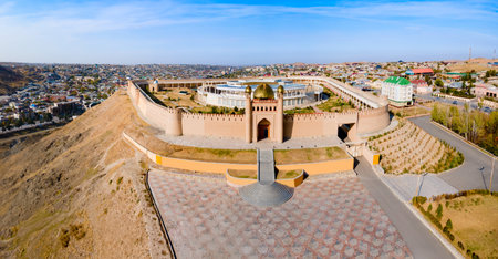 Mug Tepe Fort or Kalai Mug Teppe Fortress aerial panoramic view in Istaravshan. Istaravshan is a city in Sughd Province in Tajikistan.の写真素材
