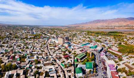 Penjikent city centre aerial panoramic view. Penjikent or Panjakent is a city in the Sughd province of Tajikistan.の写真素材