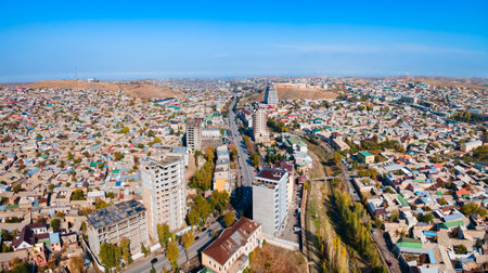 Istaravshan city centre aerial panoramic view. Istaravshan or Ura-Tyube is a city in Sughd Province...