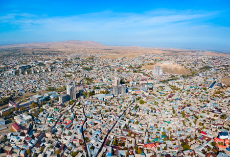 Istaravshan city centre aerial panoramic view. Istaravshan or Ura-Tyube is a city in Sughd Province in Tajikistan.の写真素材