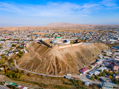 Mug Tepe Fort or Kalai Mug Teppe Fortress aerial panoramic view in Istaravshan. Istaravshan is a city in Sughd Province in Tajikistan.の写真素材