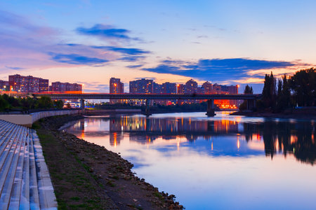 Krasnodar city and Kuban river skyline aerial panoramic view at sunset. Krasnodar is the largest city and administrative centre of Krasnodar Krai.の写真素材