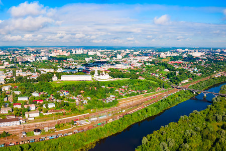 Vladimir city centre and Klyazma river aerial panoramic view, Golden Ring of Russiaの写真素材