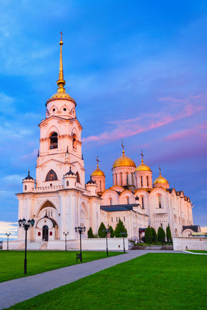 Dormition or Holy Assumption Cathedral in Vladimir city, Golden Ring of Russia at sunsetの写真素材