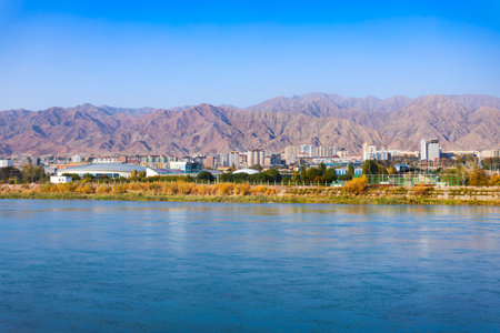 Syr Darya river in Khujand. Khujand is the second largest city of Tajikistan.の写真素材