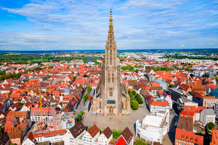 Ulm Minster or Ulmer Munster Cathedral aerial panoramic view, a Lutheran church located in Ulm,...