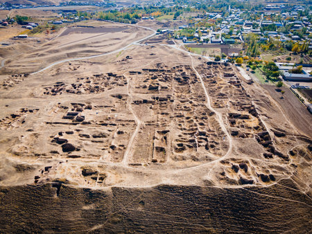Ancient Penjikent city ruins aerial panoramic view. Penjikent or Panjakent is a city in the Sughd province of Tajikistan.の写真素材