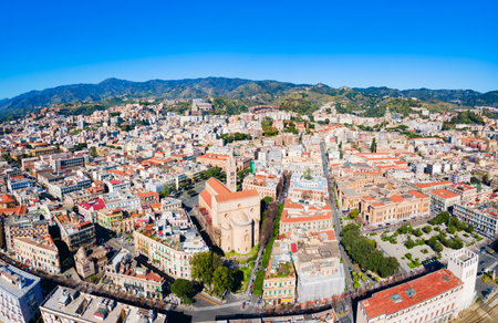 Messina Cathedral or Duomo di Messina and Town Hall aerial panoramic view, it is a roman catholic cathedral located in Messina city, Sicily island in Italyの写真素材