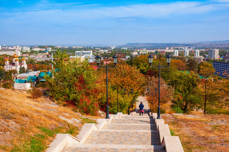 Pyatigorsk city centre aerial panoramic view. Pyatigorsk is a spa city in Caucasian Mineral Waters region, Stavropol Krai in Russiaの写真素材