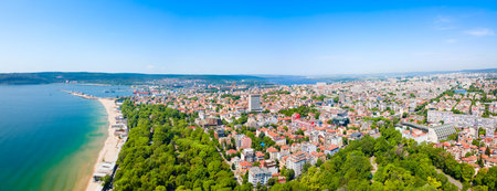 Varna main city beach and seaside park or sea garden aerial panoramic view. Varna is the largest city and seaside resort on the Black Sea coast in Bulgaria.の写真素材