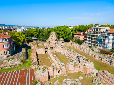 Ancient Roman Baths or Roman Thermae ruins aerial panoramic view in Varna. Varna is the largest city and seaside resort on the Black Sea coast in Bulgaria.の写真素材