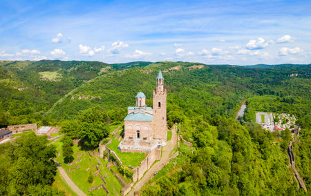 Patriarchal Cathedral of the Holy Ascension and Tsarevets Fortress aerial panoramic view in Veliko Tarnovo. Veliko Tarnovo is a city in central Bulgaria.の写真素材