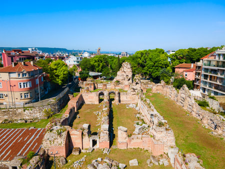 Ancient Roman Baths or Roman Thermae ruins aerial panoramic view in Varna. Varna is the largest city and seaside resort on the Black Sea coast in Bulgaria.の写真素材