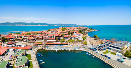 Nesebar or Nessebar port aerial panoramic view. Nesebar is an ancient city and seaside resort near Burgas city on the Black Sea coast of Bulgaria.の写真素材