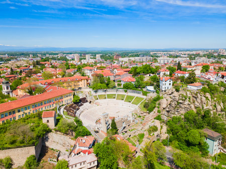 The Roman theatre of Philippopolis aerial panoramic view in Plovdiv. Plovdiv is the second largest city of Bulgaria.の写真素材