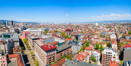 Knyaz Aleksandar Dondukov Boulevard aerial panoramic view in Sofia. Sofia is the capital and largest city of Bulgaria.の写真素材