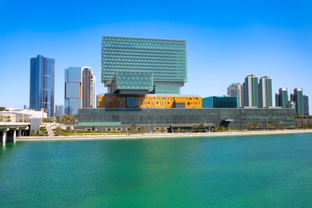 Al Maryah Island skyline panoramic view in Abu Dhabi. Abu Dhabi is the capital city of the United...
