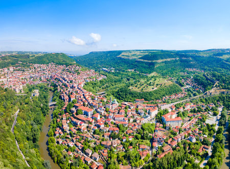 Veliko Tarnovo city centre aerial panoramic view. Veliko Tarnovo is a town in north central...