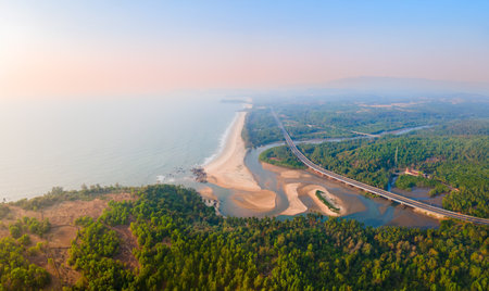 Galgibaga beach aerial panoramic view at sunset. Galgibaga or Galgibagh beach is a public beach located near the Palolem beach in South Goa in India.の写真素材