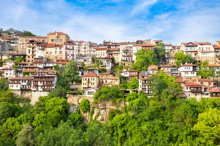 Veliko Tarnovo city centre aerial panoramic view. Veliko Tarnovo is a town in north central Bulgaria.の写真素材