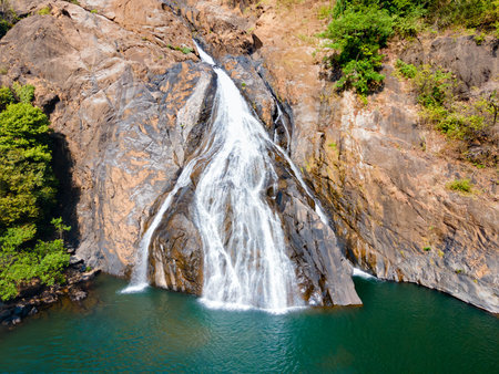Dudhsagar Falls aerial panoramic view. Dudhsagar waterfall is a waterfall on the Mandovi River in Goa state of India.の写真素材