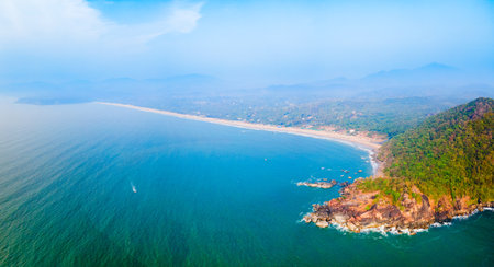 Agonda Beach aerial panoramic view. Agonda Beach is a public beach located near the Palolem beach in South Goa in India.の写真素材