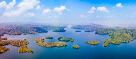 Talakalale Balancing Reservoir aerial panoramic view. Talakalale Reservoir is located near the Jog...