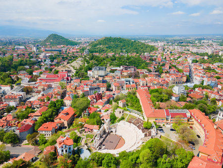 The Roman theatre of Philippopolis aerial panoramic view in Plovdiv. Plovdiv is the second largest city of Bulgaria.の写真素材
