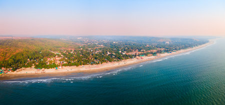 Arambol Beach aerial panoramic view at sunset. Arambol Beach is a public beach located in North Goa in India.の写真素材