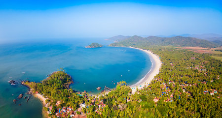 Palolem Beach aerial panoramic view. Palolem Beach is situated in Canacona in southern Goa, India.の写真素材