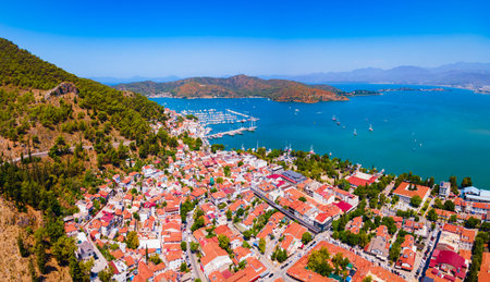 Fethiye city centre aerial panoramic view. Fethiye is a city in Mugla Province in Turkey.の写真素材