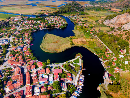 Dalyan town and river aerial panoramic view. Dalyan is a town in Mugla Province in Turkey.の写真素材