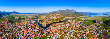 Dalyan town and river aerial panoramic view. Dalyan is a town in Mugla Province in Turkey.の写真素材