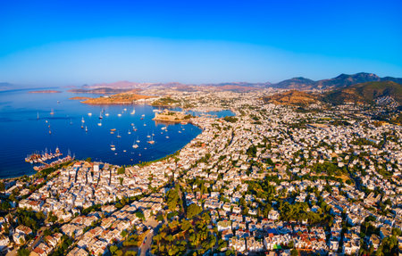 Bodrum city beach and marina aerial panoramic view. Bodrum is a city in Mugla Province, Turkey.の写真素材
