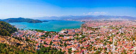 Fethiye city centre aerial panoramic view. Fethiye is a city in Mugla Province in Turkey.の写真素材