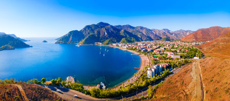 Icmeler city beach aerial panoramic view. Icmeler is a town near Marmaris city in Mugla Province, Turkey.の写真素材